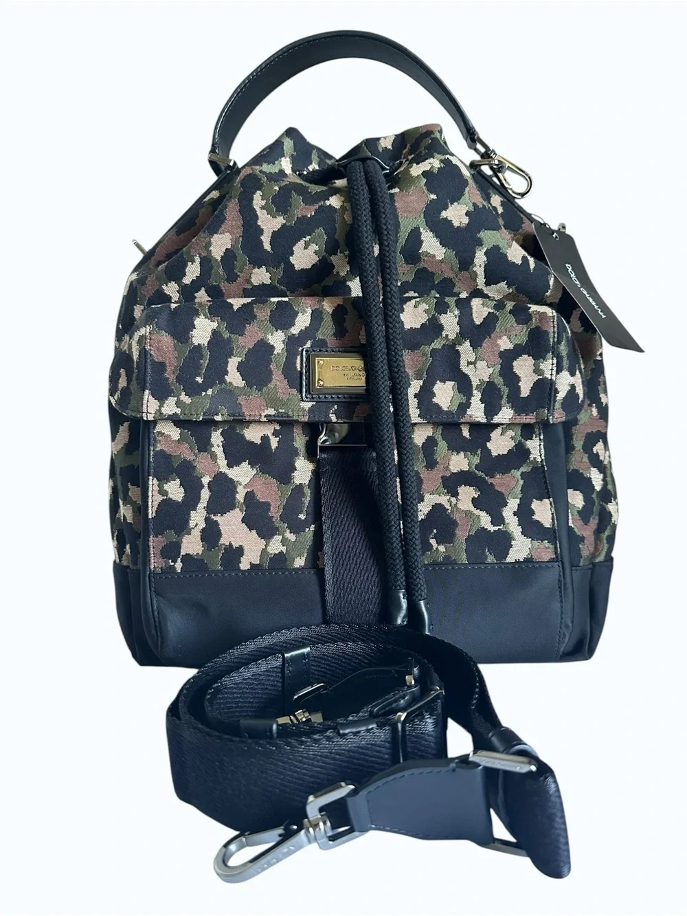 $2900 NWT Dolce & Gabbana Leopard Camouflage Jacquard Bucket Bag Backpack